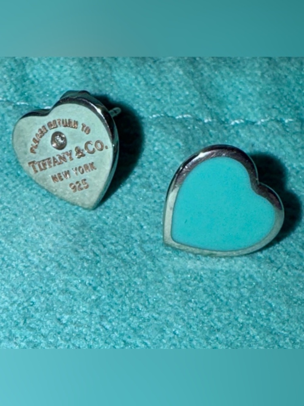 *SOLD*Tiffany & Co. Silver Mini Diamond & Blue Enamel Heart Stud Earrings